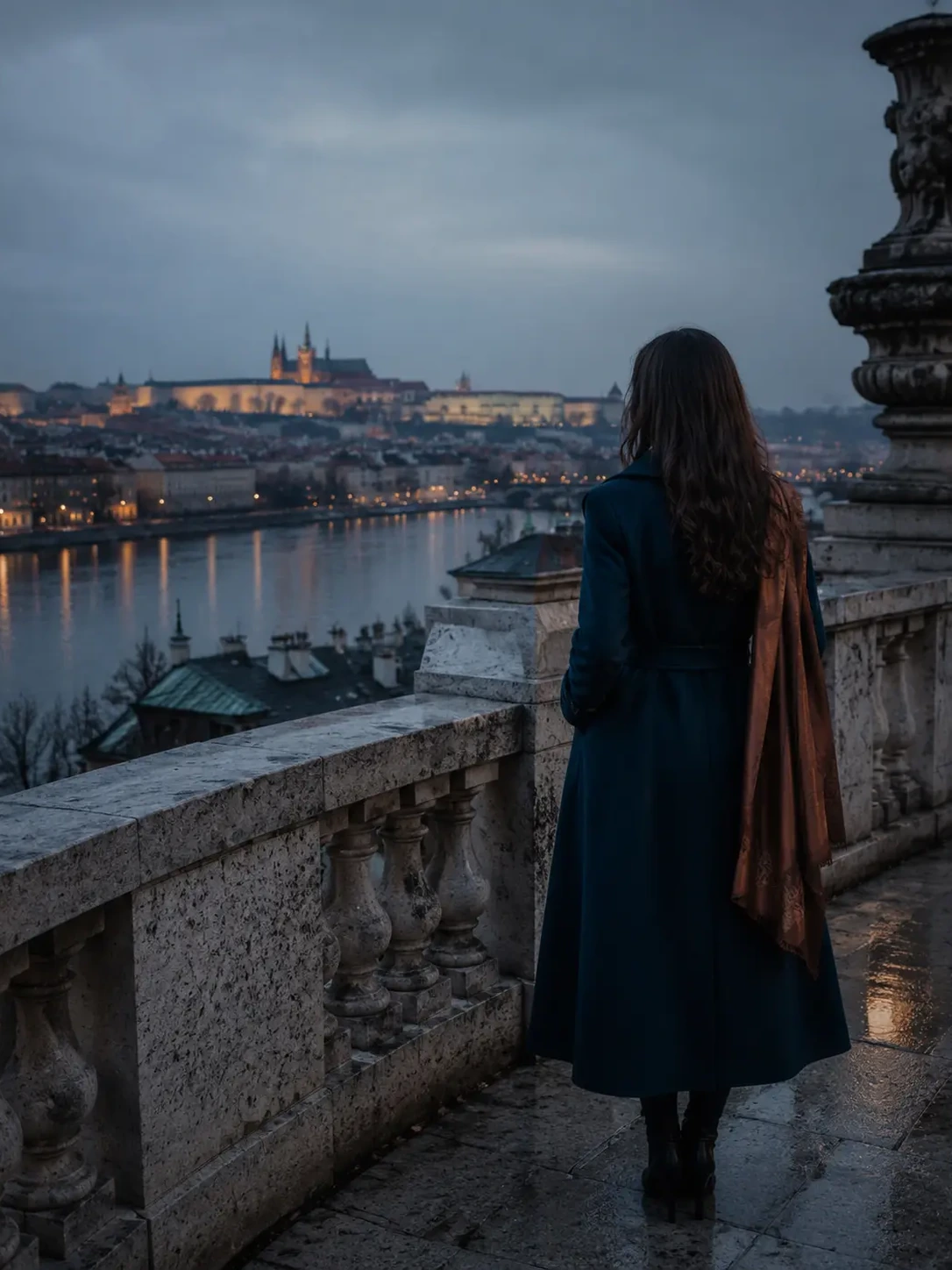 Woman overlooking evening Prague, Czech Republic