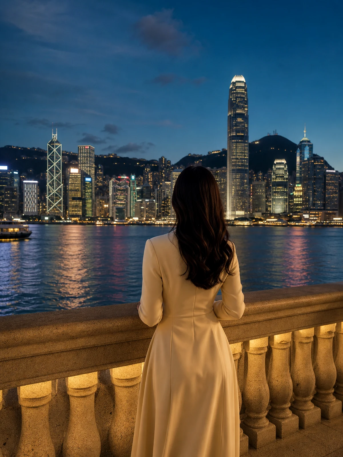 Woman seen from behind overlooking Victoria Harbour and the Hong Kong skyline