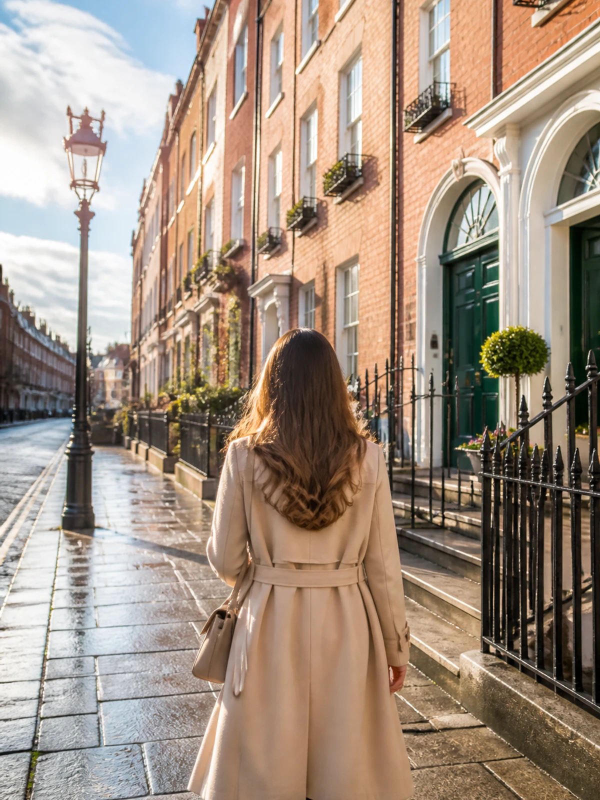 Woman seen from behind in sunny Dublin, Ireland