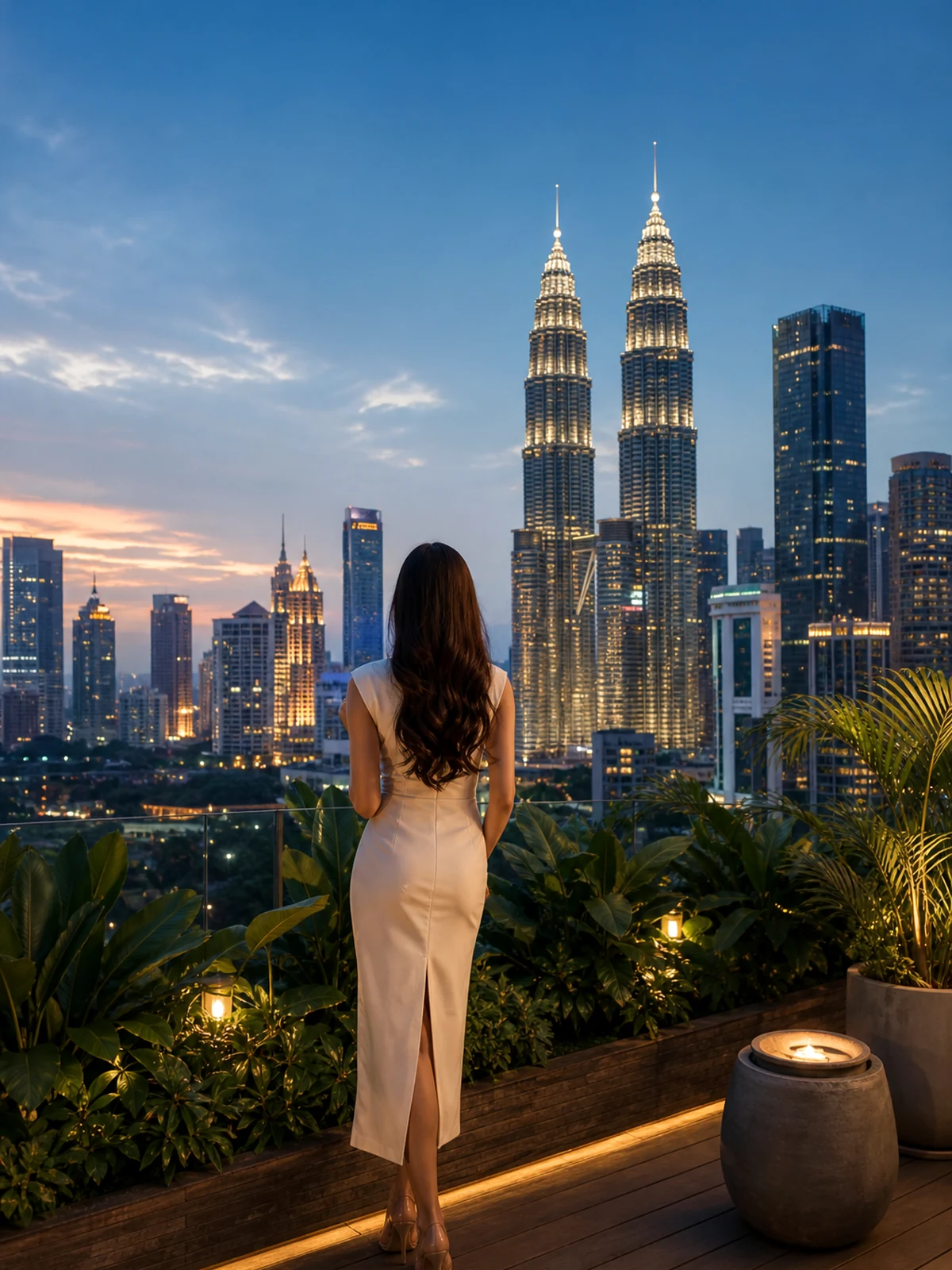 Woman seen from behind overlooking Kuala Lumpur and the Petronas Towers