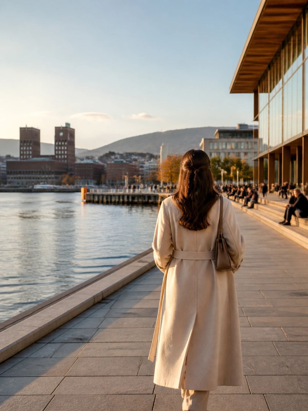 Woman seen from behind on the Oslo waterfront in Norway