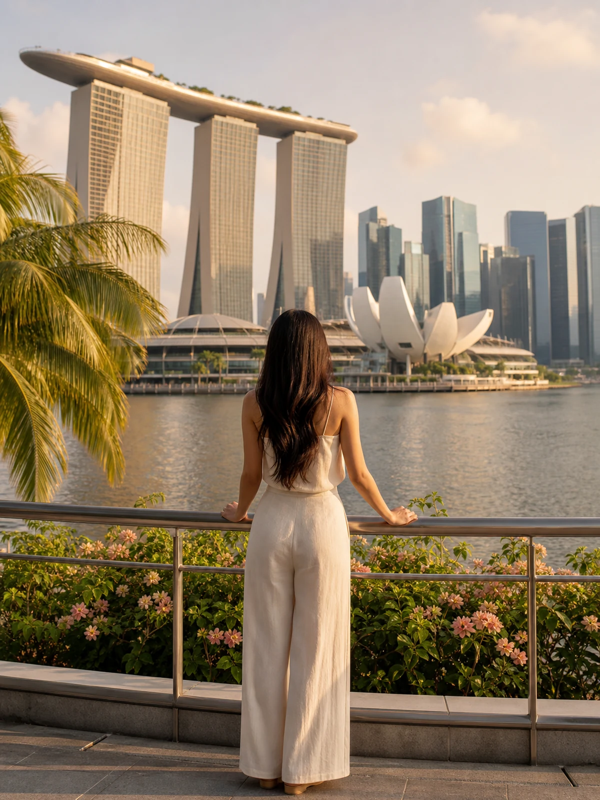 Woman seen from behind overlooking Marina Bay in Singapore