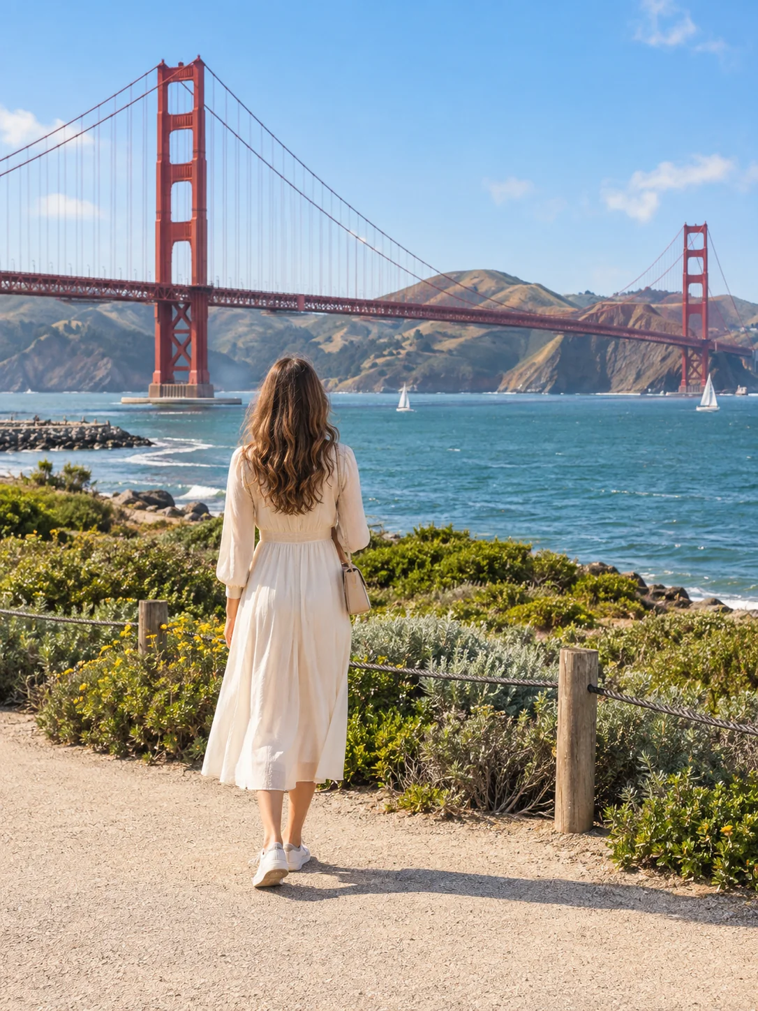 Девушка со спины у залива с видом на мост Golden Gate, Калифорния, США